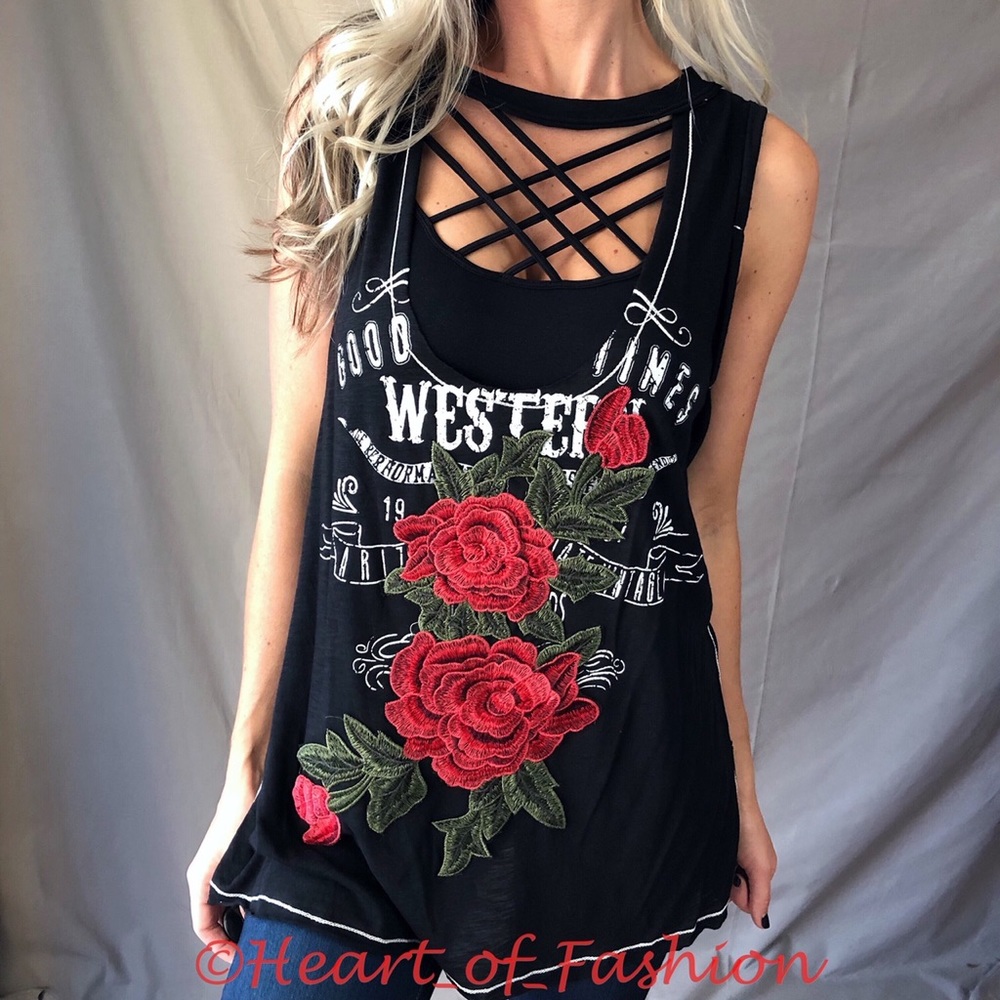Distressed Burnout Floral Patch Loose Muscle Tank